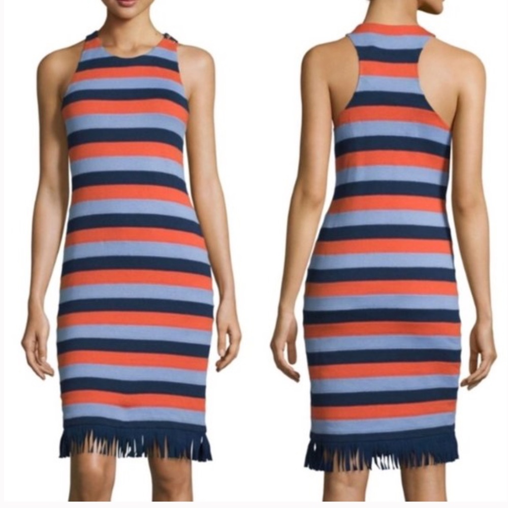Tory Burch "Ariana" dress sleeveless, striped, knit dress, fringed hem